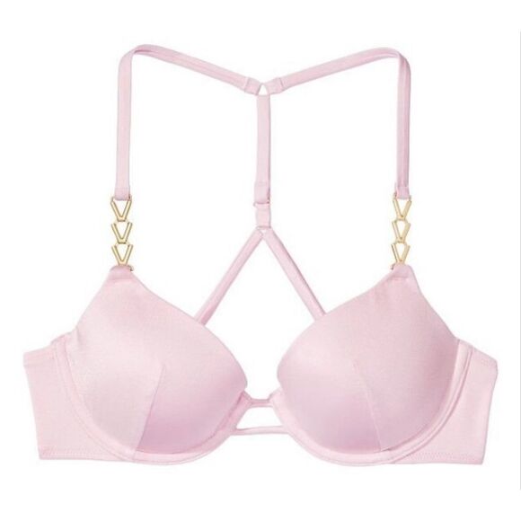 Victoria’s Secret 32DD Racerback Bikini Swim Top Pink Gold Chain Padded Push Up - Picture 1 of 9